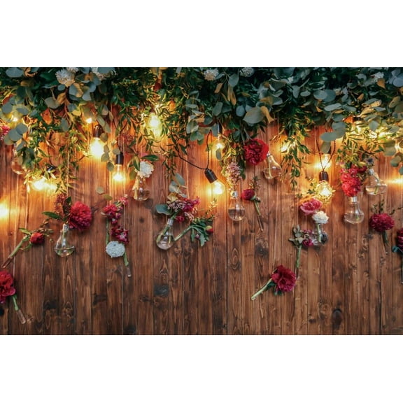 Vintage Wooden Board Backdrop Green Leaves Plants Flower Rustic Birthday Wedding Party Portrait Photography Background