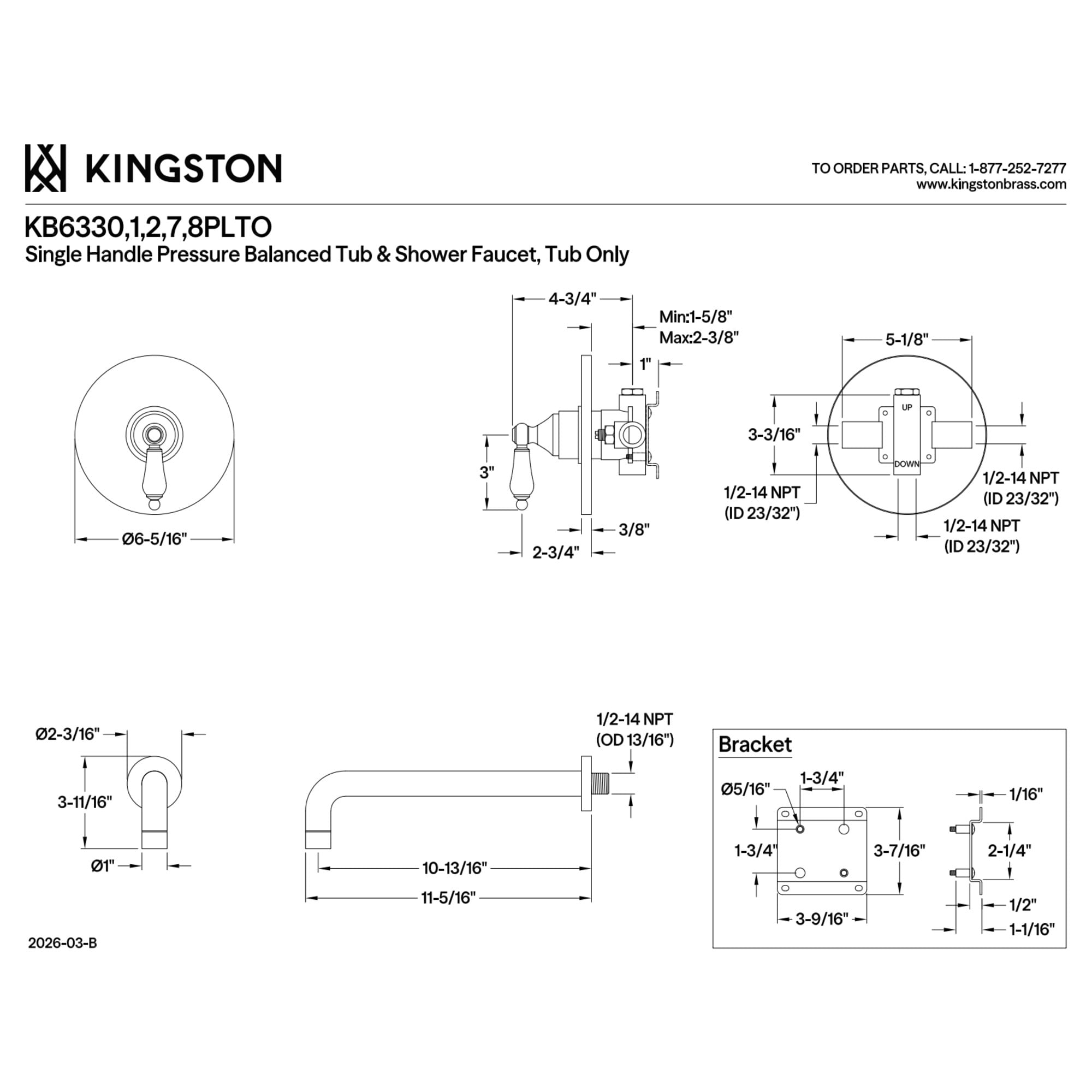 Kingston Brass KB6338PLTO Victorian Single-Handle Pressure Balanced Tub Faucet in Brushed Nickel