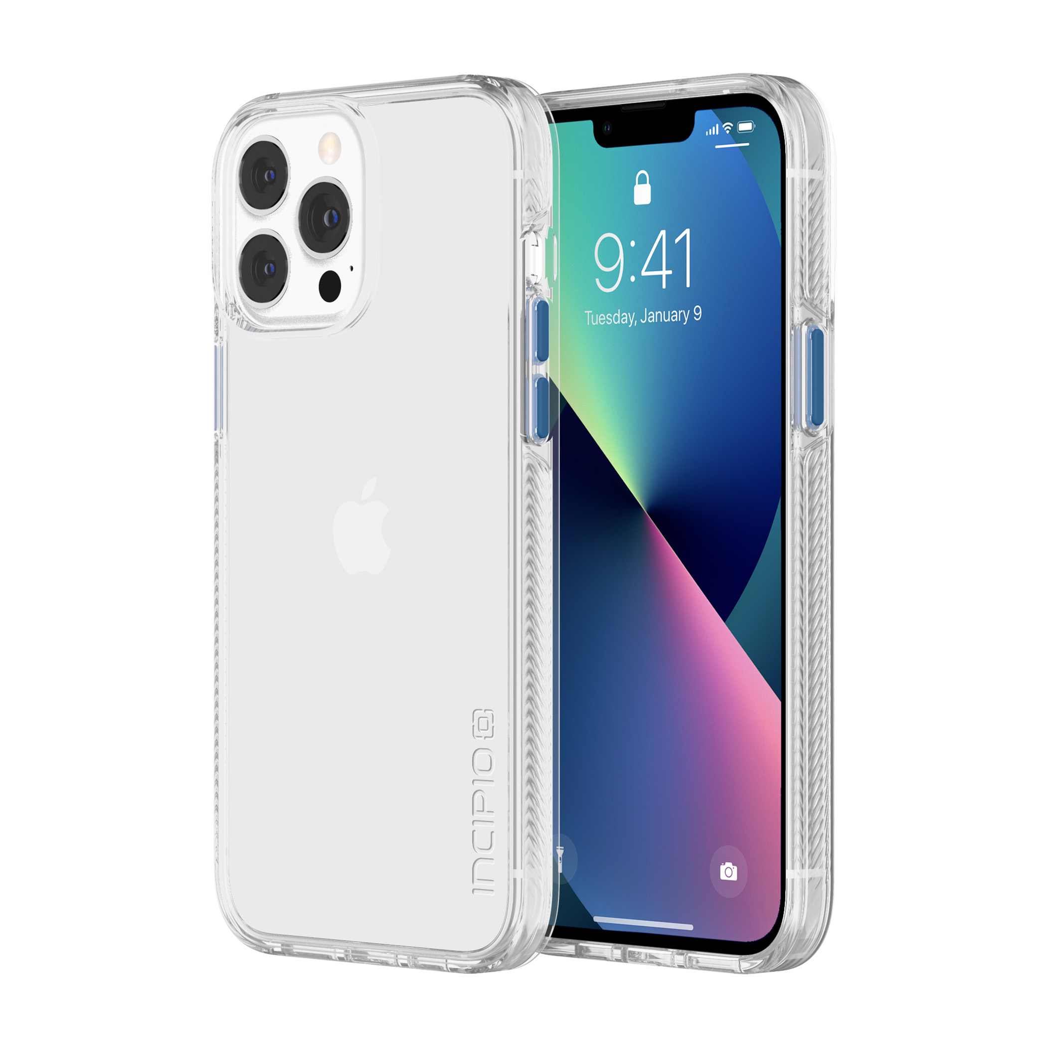 Incipio DualPro Fusion for iPhone 13 Pro Max - Clear/Clear with Dark Denim & Coral Pink Buttons