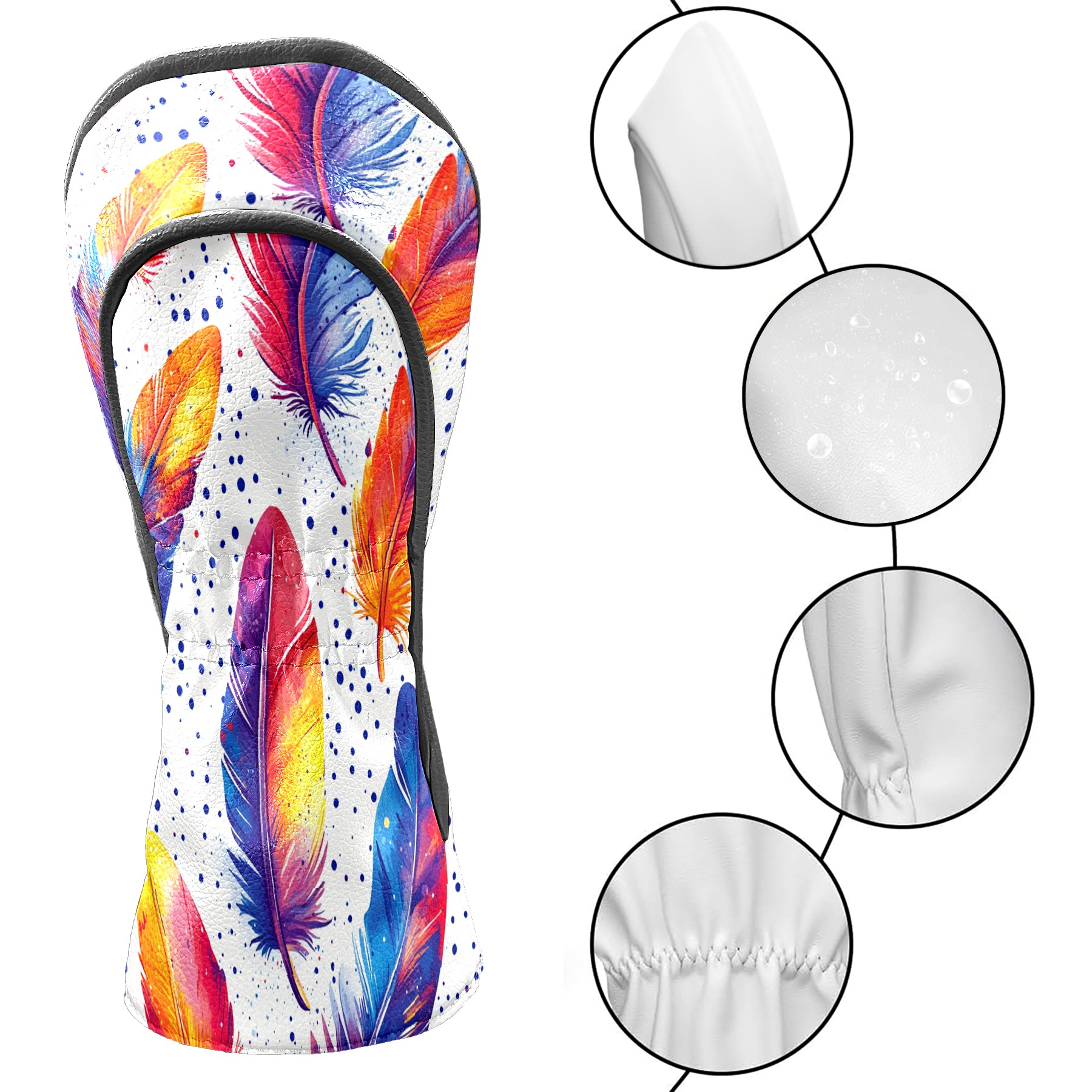 Golf Club Covers, Rainbow Feathers Premium PU Leather Driver Hybrid Putter Head Covers with Velvet Lining, Waterproof Golf Gifts for Men Women