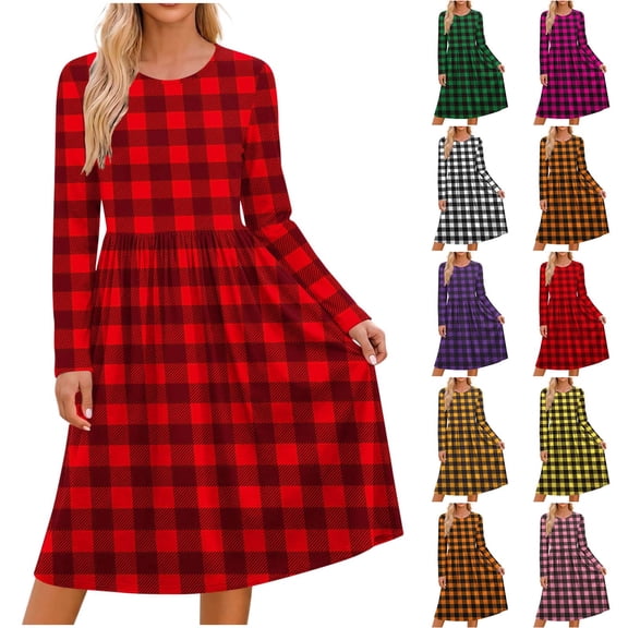 Miqool Womens Plaid Midi Dress, Pleated Crew Neck Long Sleeve Work Dresses, Loose Fit Holiday Daily Dresses