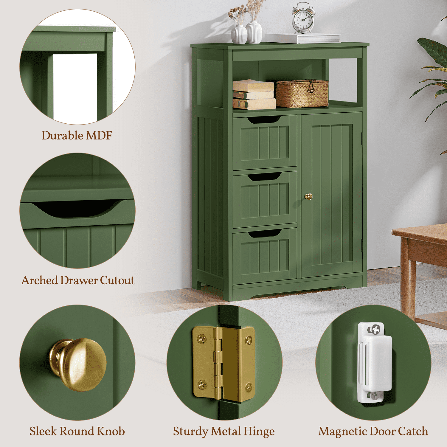Alden Design 34″ Tall Bathroom Floor Cabinet with Adjustable Shelf and 3 Drawers, Green