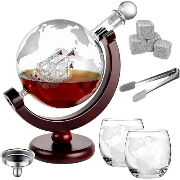 Whisky Glass Distiller Set for Gifts for Male Husbands, Boyfriends, Fathers, with 2 Etched Whisky Glasses, 4 Ice Cubes, Spoon and Funnel, Rectifier for Liquor, Bourbon, Scotch Whisky, 1000ml