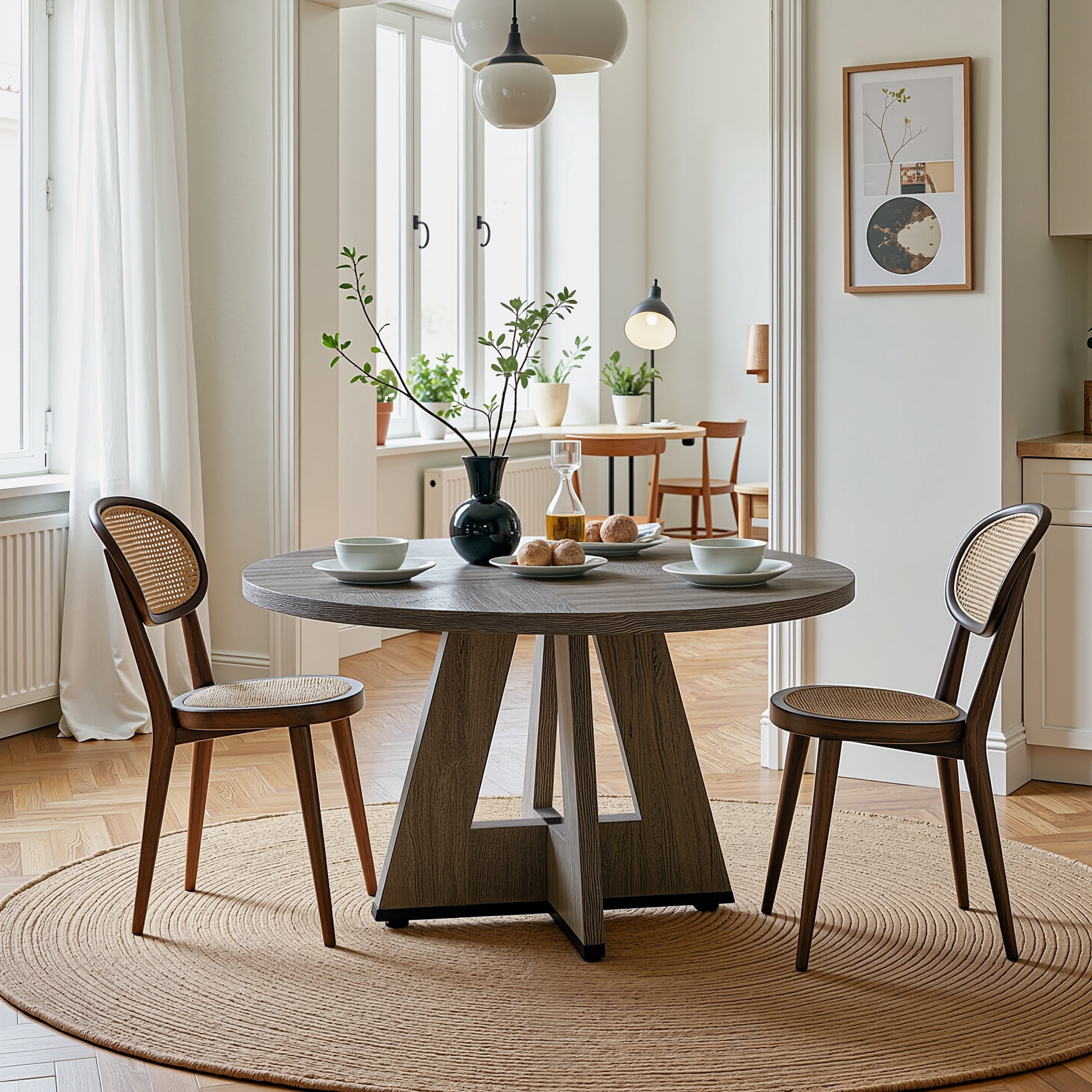 Fnova 47" Coffee Table, Round Dining Table for 4 People, Modern Farmhouse Wooden Kitchen Table, Living Room, Gray (Chairs Not Included)