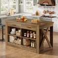 thumbnail image 3 of Fnova 55" Kitchen Island with Storage and Leg Room, Farmhouse Stationary Island Table with 2 Drawers & Open Shelves, Brown, 3 of 19