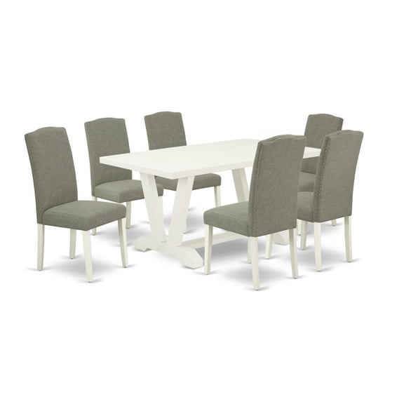 East West Furniture V-Style 7-piece Dining Table Set in White/Dark Shitake