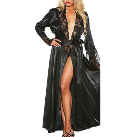 Midwennn Women Sexy Long Silk Kimono Dressing Gown Lace Lingerie Bath Robe New Year Lingerie for Women
