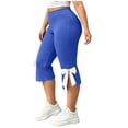 thumbnail image 5 of Womens Plus Size Stretchy Leggings Elastic Waist Butt Lifting Side Slit Bow Tie Hem Capri Pants Casual Workout Yoga Pants Blue, 5 of 9