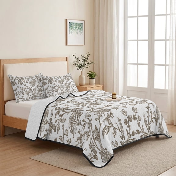 Vintage Brown Floral King Size Quilt Set Lightweight Bedspread Coverlet Set, Farmhouse Flower Quilted Bedding Cover with 2 Pillow Shams for All Season Layering 96"x106"