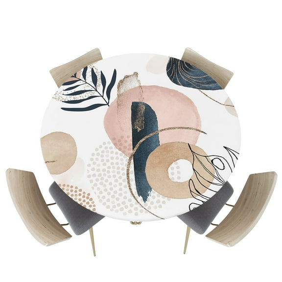 Fitted Round Tablecloths Table Covers 55-60in,Mid Century Minimalist Geometric Waterproof Elastic Edged Table Cloth for Kitchen Dining Holiday Party Tables Decor,Abstract Leaves Art