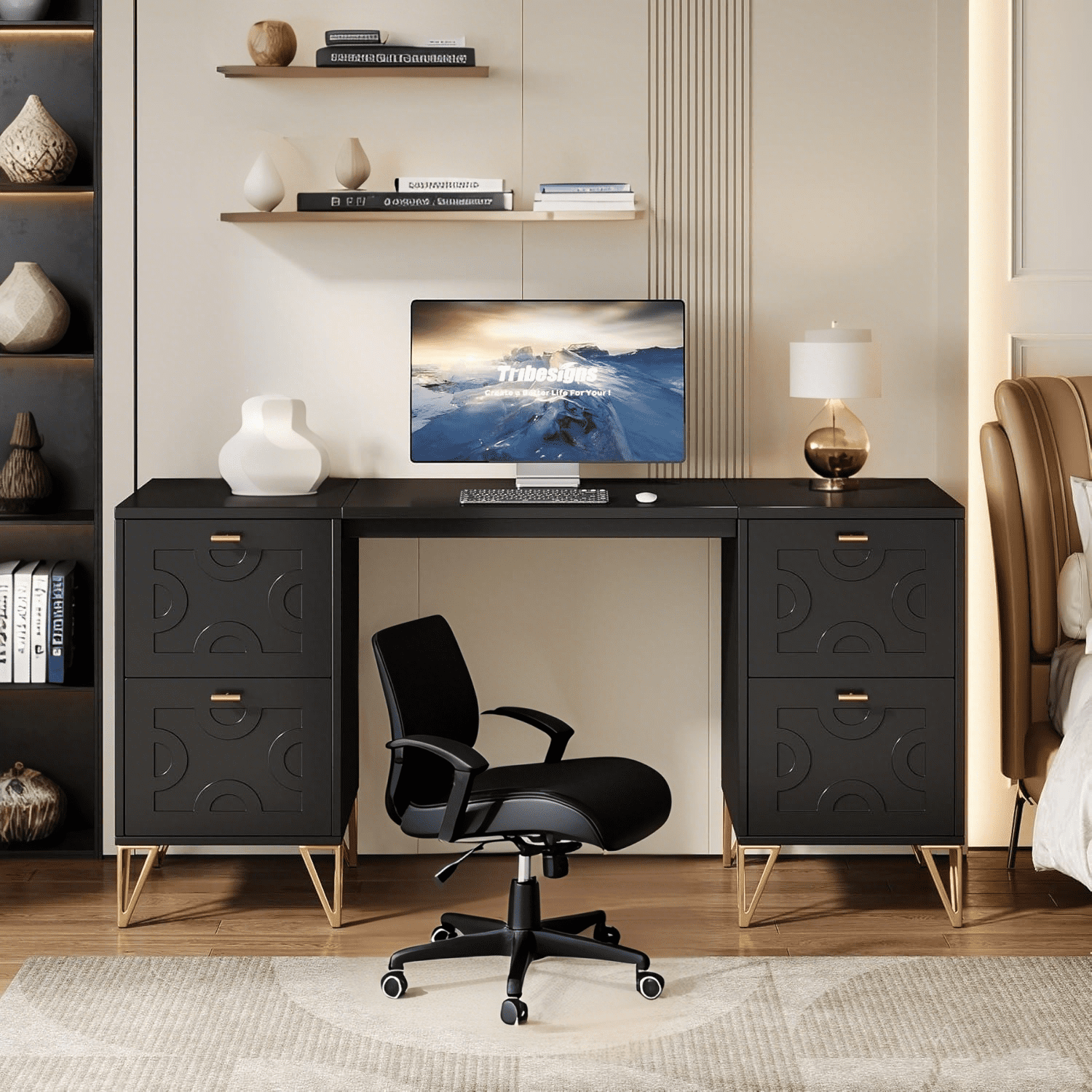 Tribesigns 59-Inch Black Executive Computer Desk with 4 File Drawers Storage, Modern Writing Table