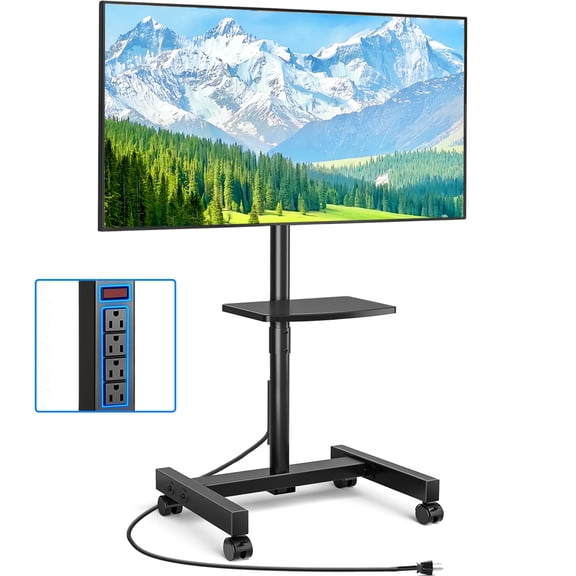 RTVR Rolling Mobile TV Stand for 13-50 inch Flat Screens, Portable Moveable TV Stand with Storage Shelf and Power Strip