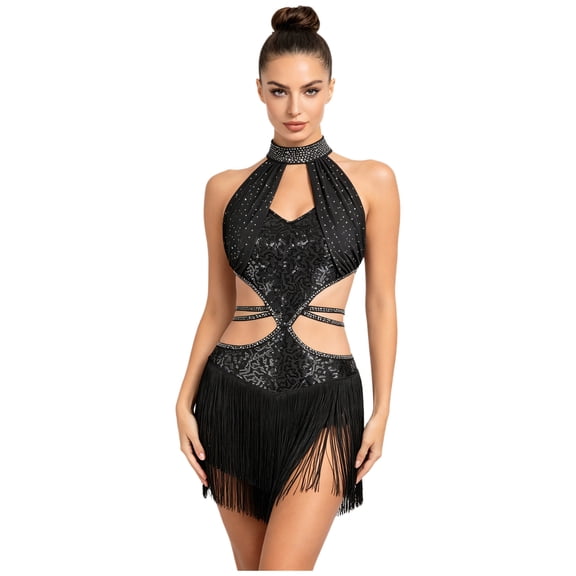 Raenseen Women Latin Jazz Dance Tassel Dress Sequin Cutout Waist Leotard Dress Black XXL