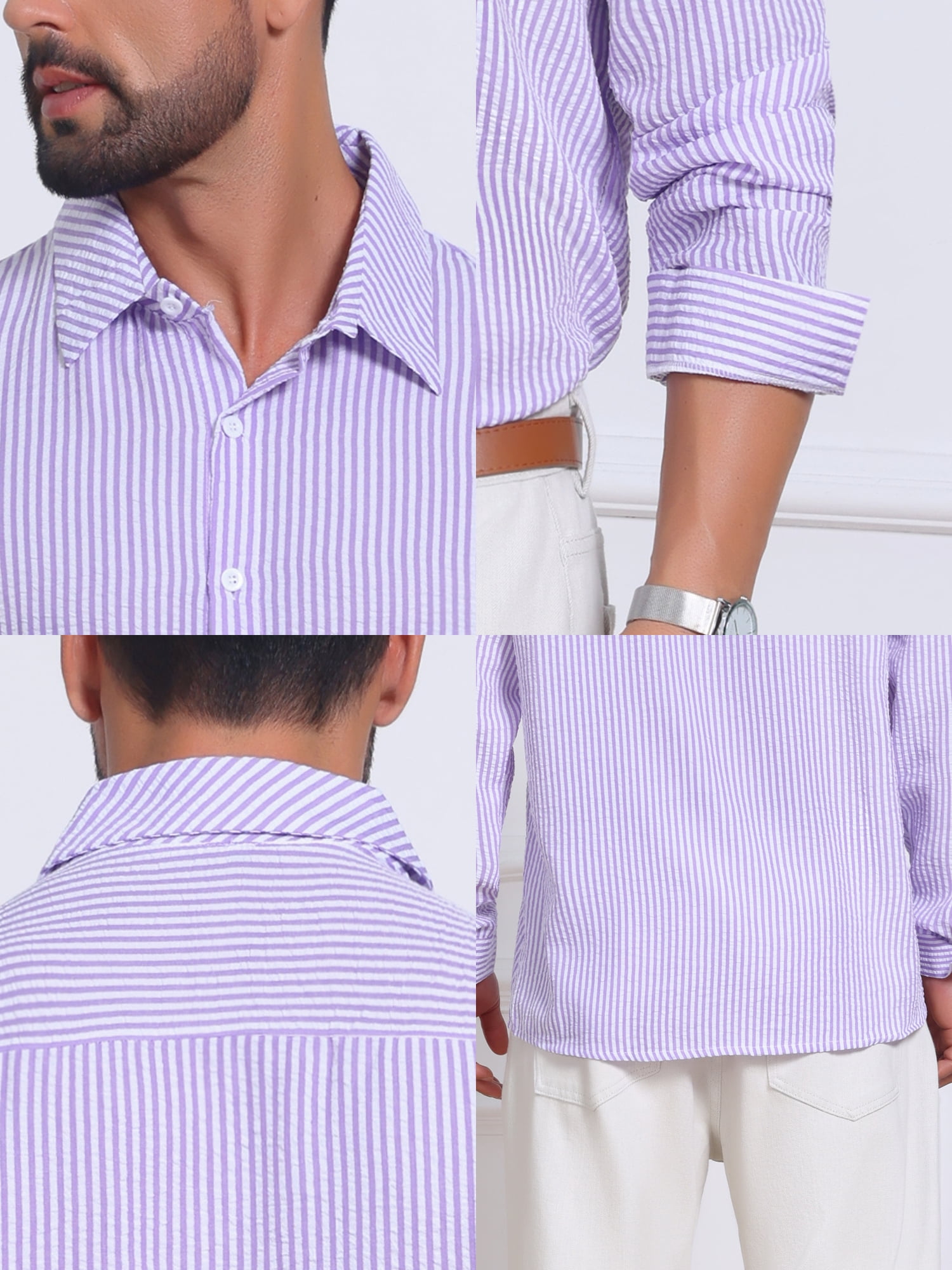 DARING DIVA Men's Seersucker Long Sleeve Button Down Textured Striped Shirts 2XL Purple