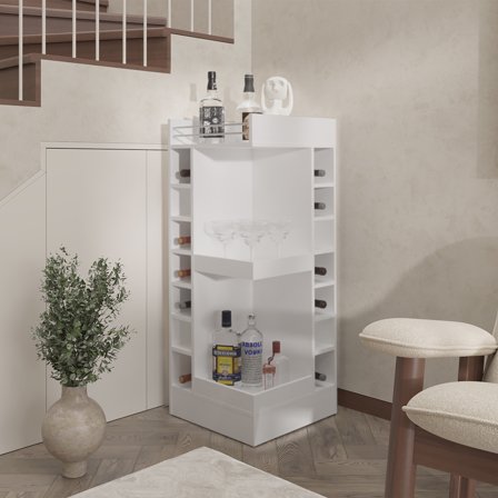 TIMOREN 45.9" Corner Bar Cabinet, Liquor Storage Cabinet with Wine Bottle Rack, Middle Shelf, and Lower Compartment, Coffee Bar Cabinet for Living Room, Kitchen, or Office, White