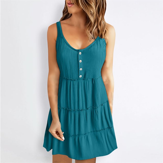 FcBaudy Robe Camis Sans Manches à Col Rond, Robes pour Femmes, Robes pour Femmes Mode Féminine Été Décontractée Bretelles Col Rond Couleur Unie Robe Sans Manches Femme Lavage à l'Eau Jupe à Plis