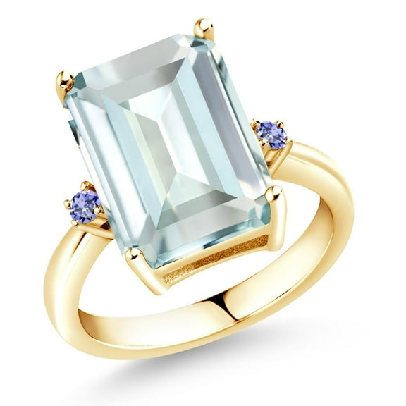 Gem Stone King 18K Yellow Gold Plated Silver Sky Blue Simulated Aquamarine and Blue Tanzanite Ring for Women | 6.72 Cttw | Emerald Cut 14x10MM | 3 Stone Wedding Engagement Anniversary Ring | Size 5