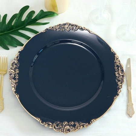 

6 Pack | 13 Navy Blue Gold Embossed Baroque Round Charger Plates With Antique Design Rim - Case of 24 Chargers