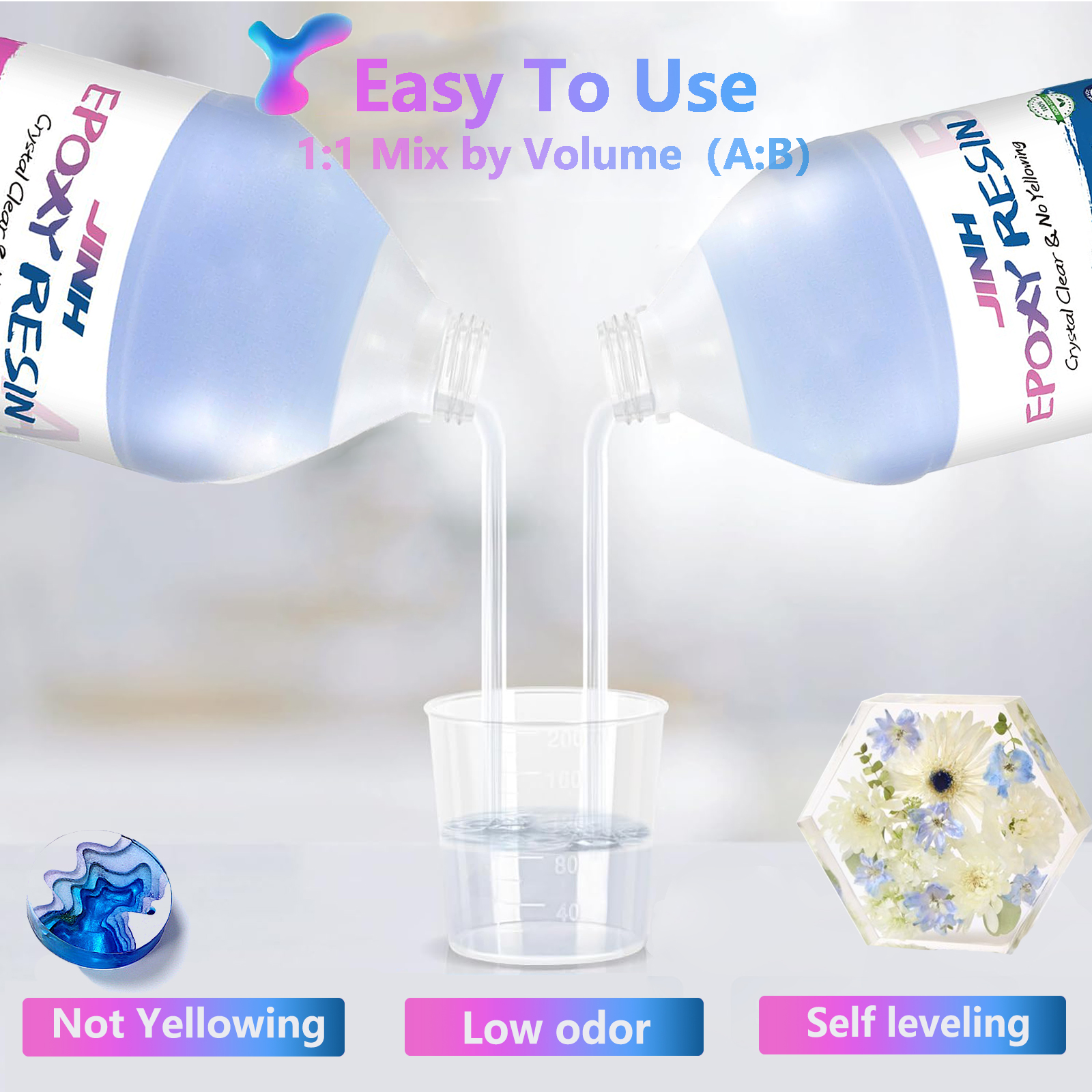 JINH Epoxy Resin 2 Gallon, Upgraded Crystal Clear Epoxy Kit UV Resistant No Bubble Self Leveling, 1 Gallon Resin and 1 Gallon Hardener Kit for DIY Art, Jewelry, Resin Art, Molds, Countertops