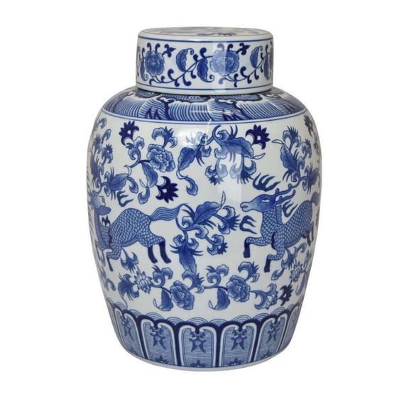 Benjara BM310024 15 in. Gloomy Ceramic Frame Blue & White Floral Print Decorative Jar