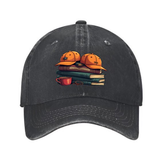 Vintage Cotton Washed Distressed Baseball Cap - Unique Design with Orange on Books Red Cup & Glasses - Stylish Golf Dad Hat for Men & Women