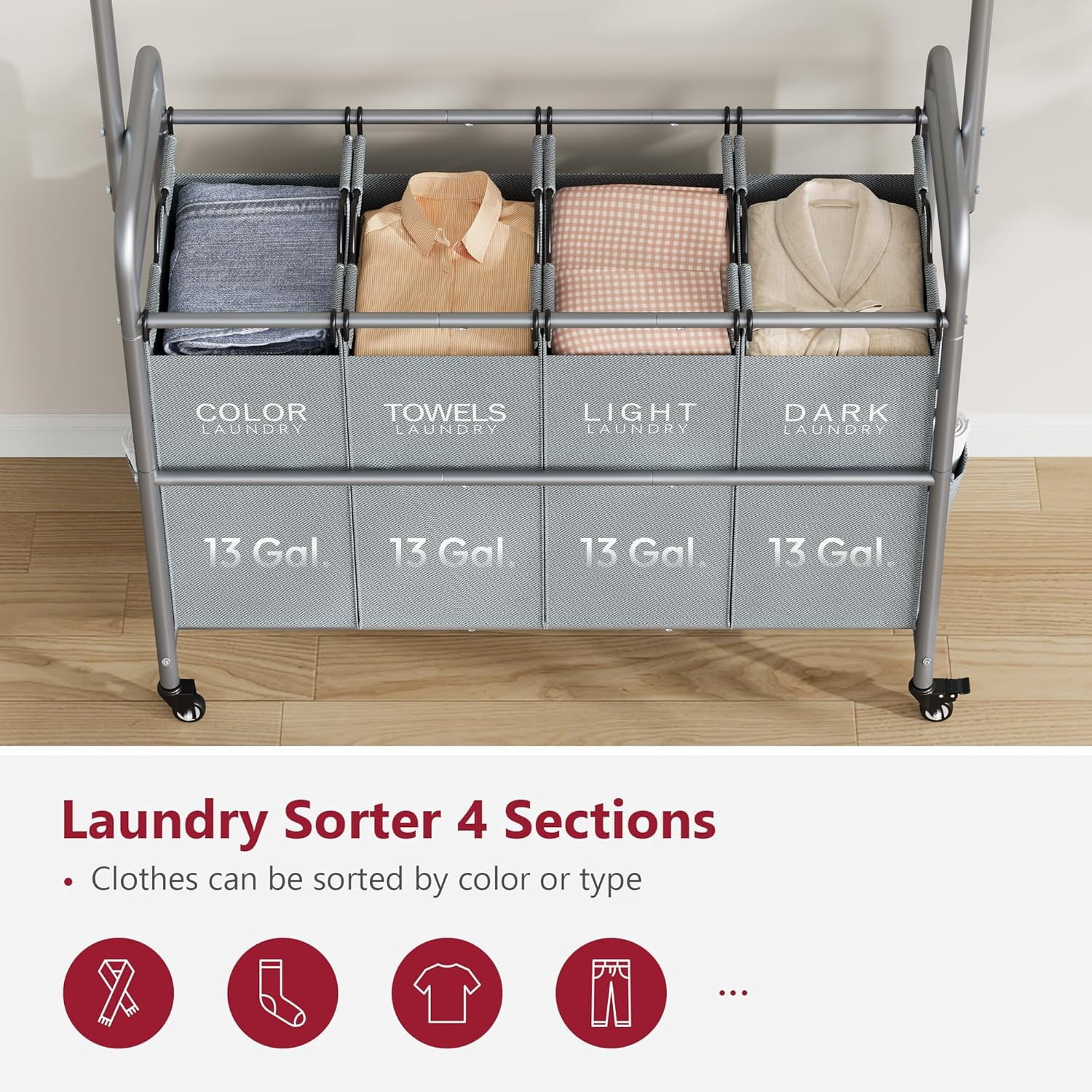 Laundry Sorter Cart with Hanging Clothes Rack, 4 Butler Sorter Basket Organizer, Laundry Hamper Cart with Heavy Duty Rolling Lockable Wheels