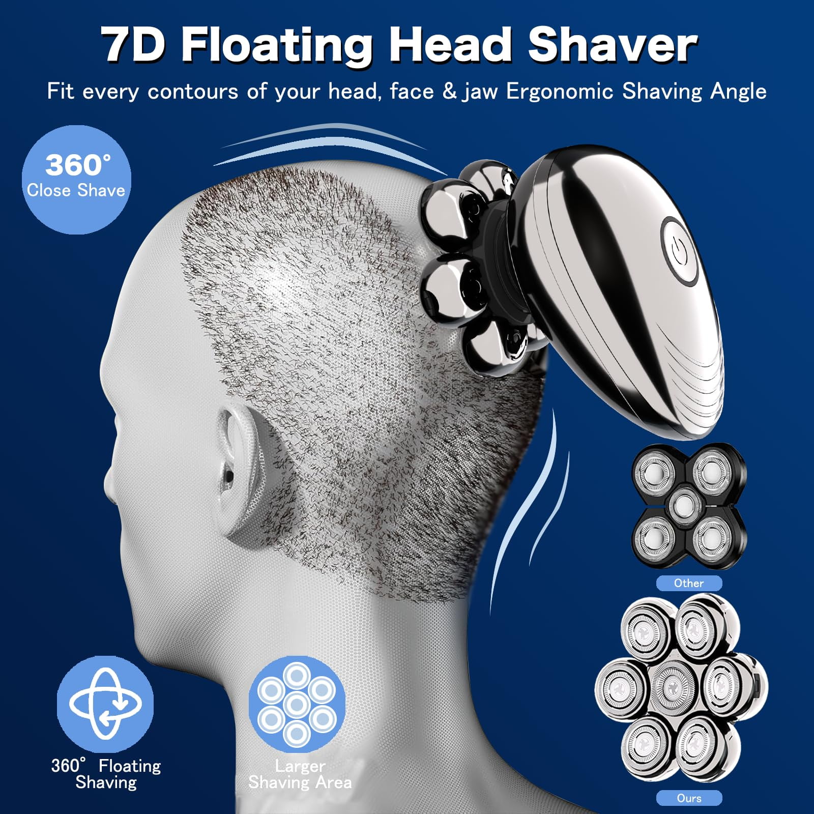 delpattern Head Shavers for Bald Men, Magnetic Electric Razor, 7D Rotary Shaver 5 in 1 Grooming Kit, IPX7 Waterproof, Wet/Dry, LED Display, Rechargeable, Cordless