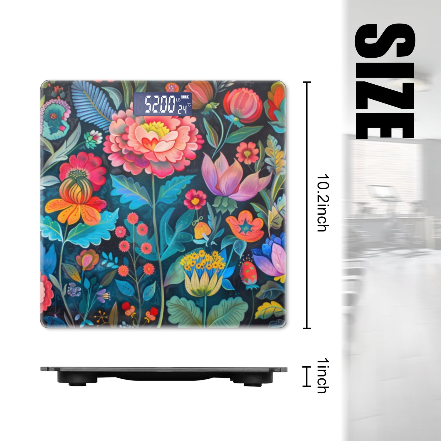 Bathroom Scale, Highly Accurate Digital Body Scale,Precisely Measures Weight up to 400 lbs-Detailed Painting Of Flowers And Leaves On Black