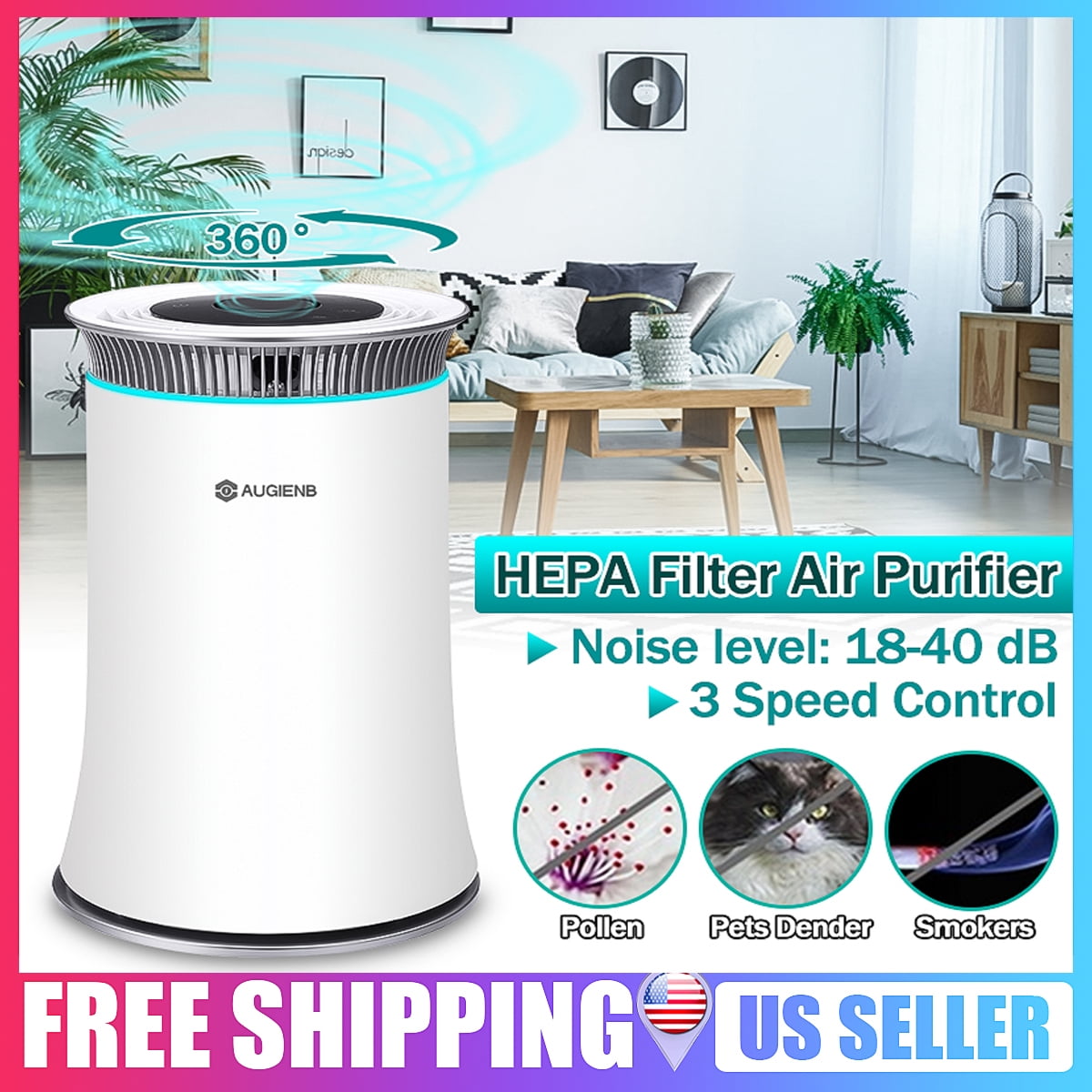 Air Purifier with True Hepa Filter, AUGIENB Air Purifier with 3 Stage