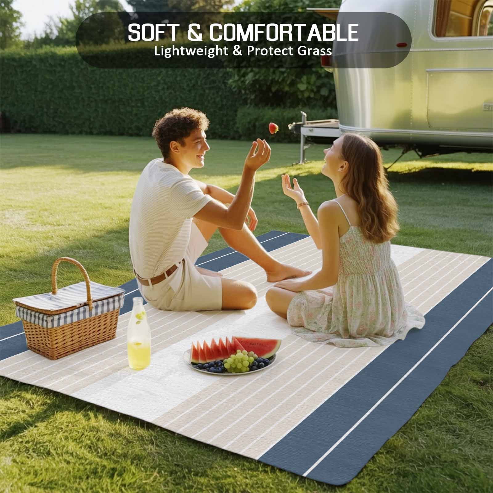 Haze Blue Beige Stripe Outdoor Rug 6x9 Ft - Reversible Patio Rug Outdoor Camping Rugs, Modern Art Horizontal Striped Washable Indoor Outdoor Area Rugs, Non-Slip Outdoor Carpet Runner for Deck/Porch