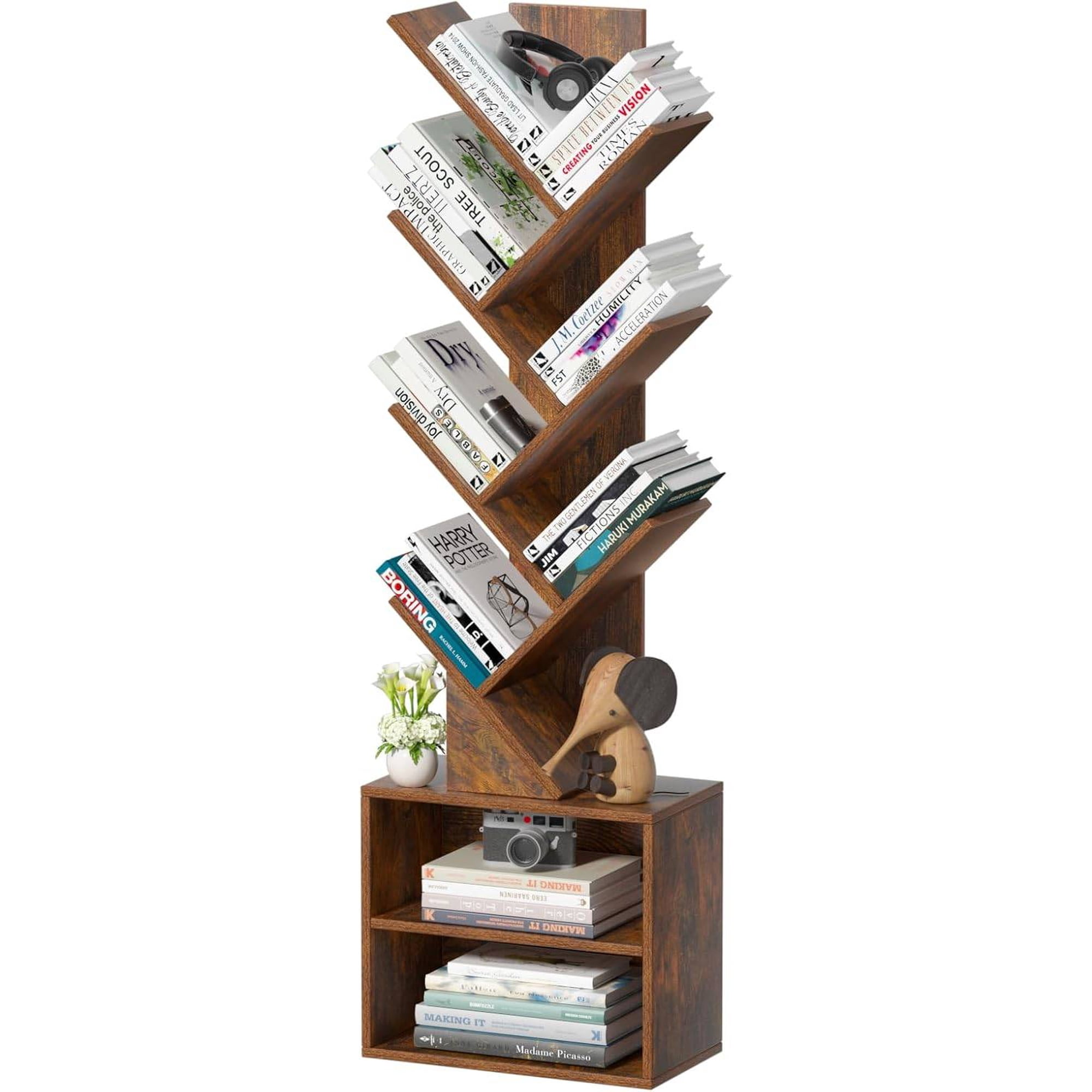10-Tier Tree-Shaped Floor Bookshelf Tall Narrow Wood Bookcase for Small Spaces Home Office Living Room Bedroom