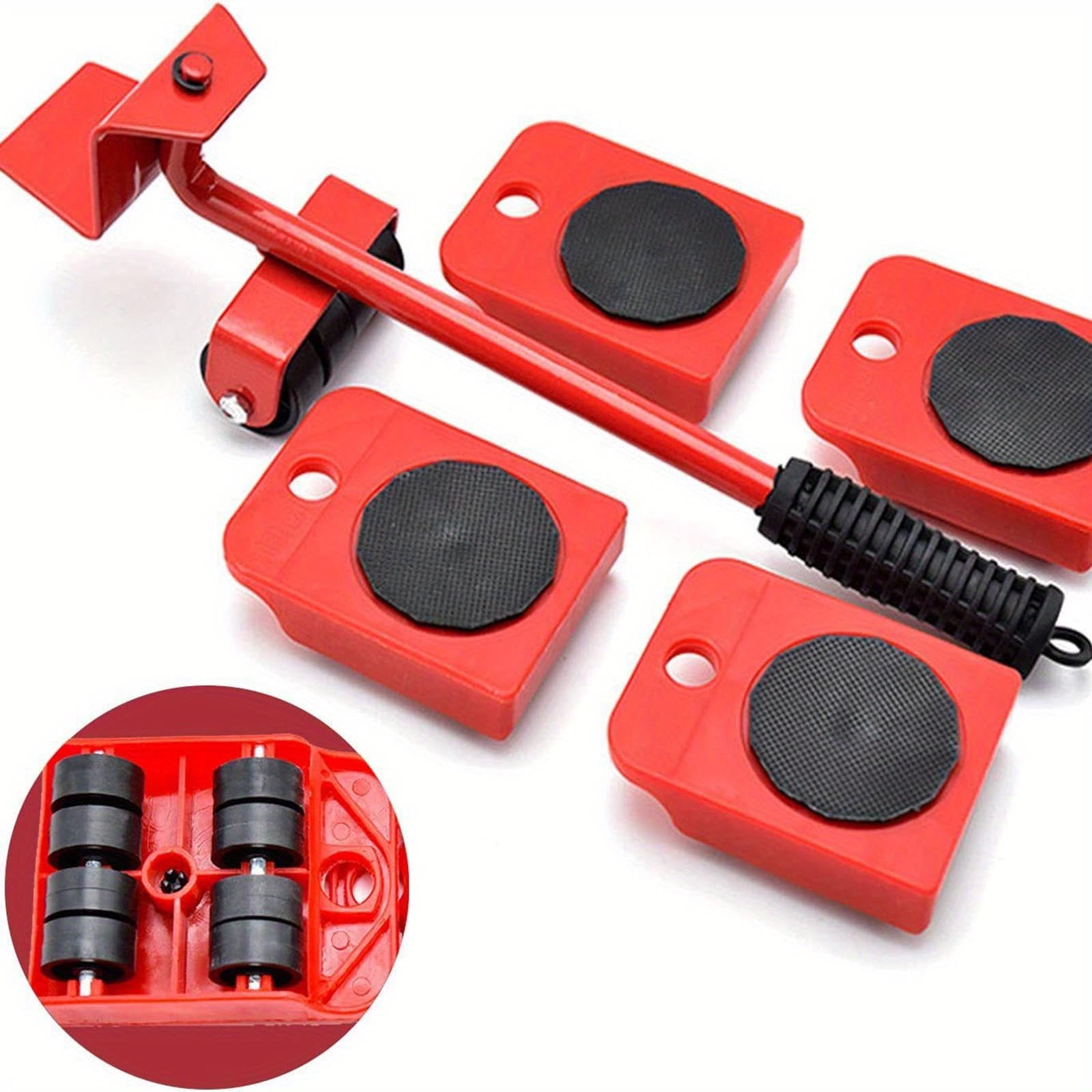 Furniture Moving Tool, Heavy Object Mover with 4 Casters and 1 Pry Bar, Red, for Moving Sofas Beds Refrigerators - Heavy Duty Furniture Lifter with Universal Wheels, for Home Office Warehouse - 1 Set