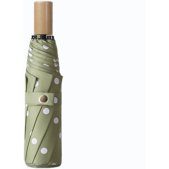 Folding Umbrellas, Windproof Travel Umbrella, Polka Dot Solid Wood Handle Compact Folding Umbrella, 8 Ribs UPF 50 UV Protection, Men Women(Matcha Green)
