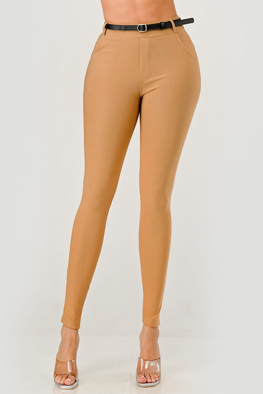 Sculpting Treggings With Faux Leather Belt - Chipmunk