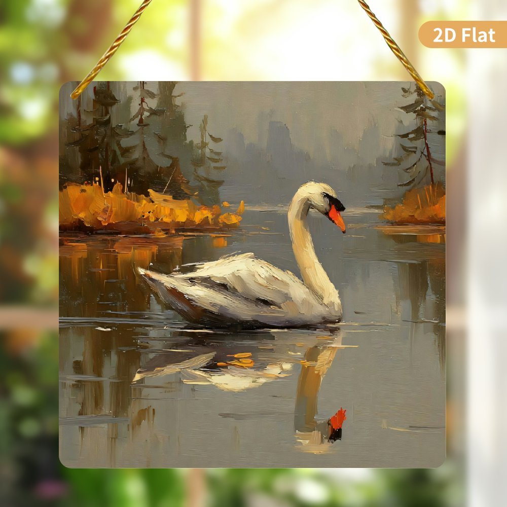 Square Hanging Ornament 8x8 Inch Elegant White Swan on Calm Lake Painting Acrylic Plaque 1 Pack Decorative Wall Art Sign for Home Living Room and Office Decor