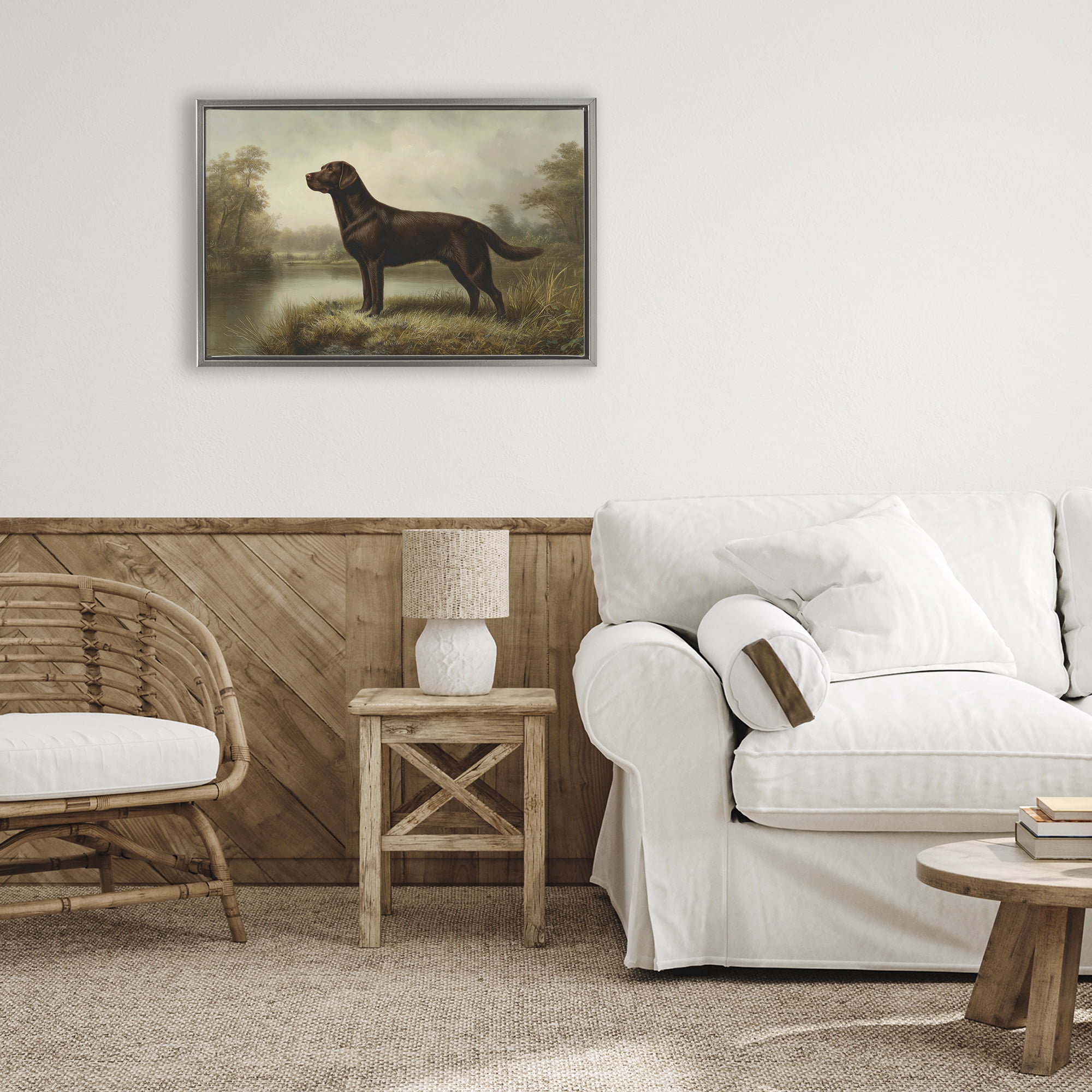 Stupell Industries On Alert Chocolate Lab Gray Framed Floater Canvas Wall Art, design by Petal Prints Design