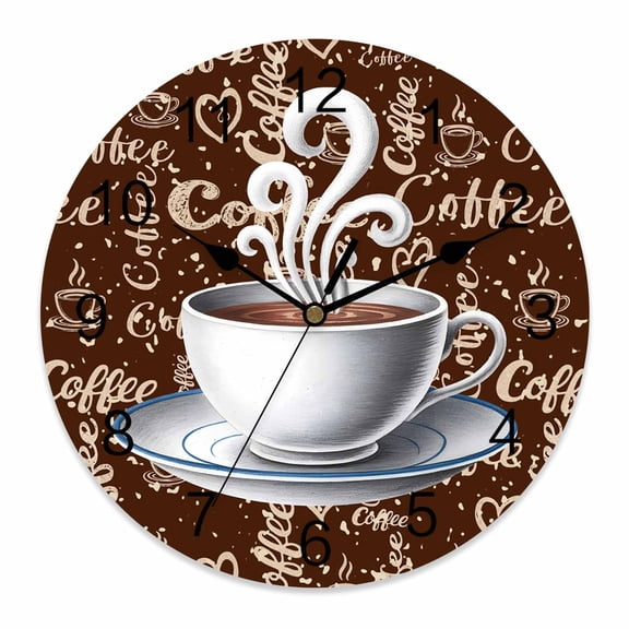 Wall Clock Coffee Cup Clocks PVC Silent Non-Ticking Battery Operated Decorative Retro Brown Cafe Round Clock for Home Living Room Kitchen Bedroom Office School Wall Decor 14 Inch