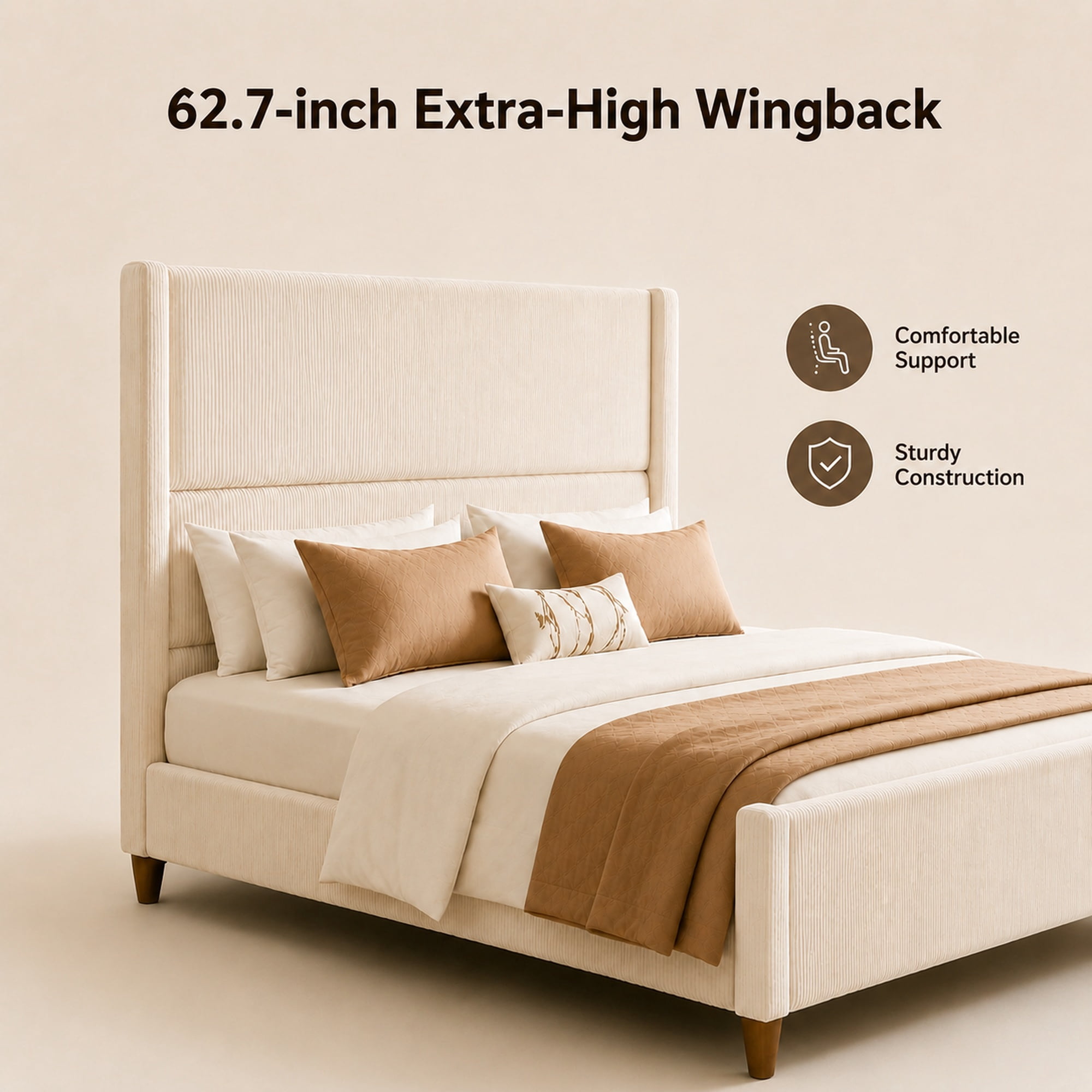 Mintazer Queen Size Upholstered Wingback Platform Bed Frame with Padded Headboard, Vertical Channel Tufted Corduroy Bed for Bedroom, No Box Spring Needed, Beige