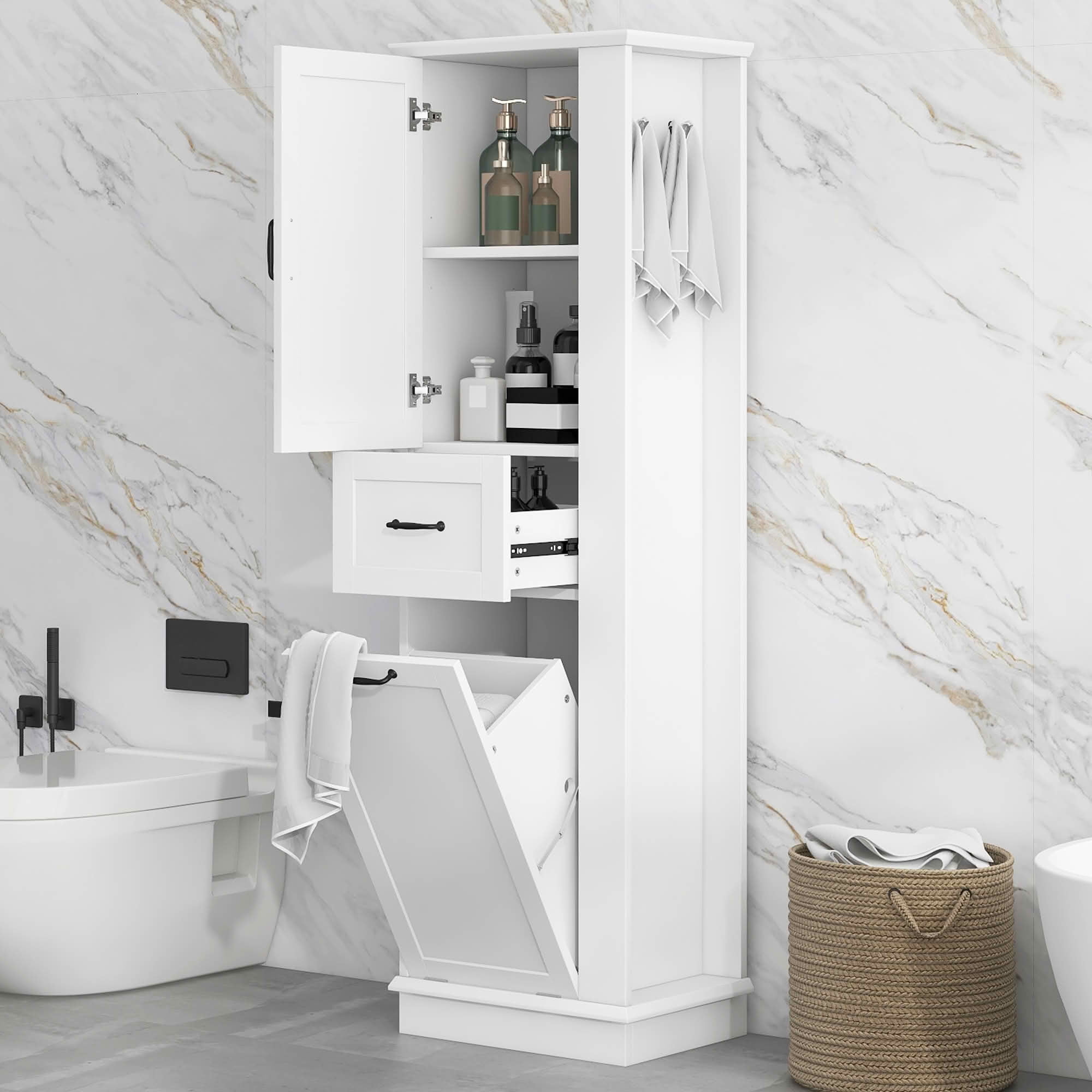MAYEERTY Modern Tall Storage Cabinet, Tilt-Out Compartment Adjustable Shelves 80LBS Capacity Soft-Close Hinges Aluminum Alloy Handles, Bathroom Home Organization