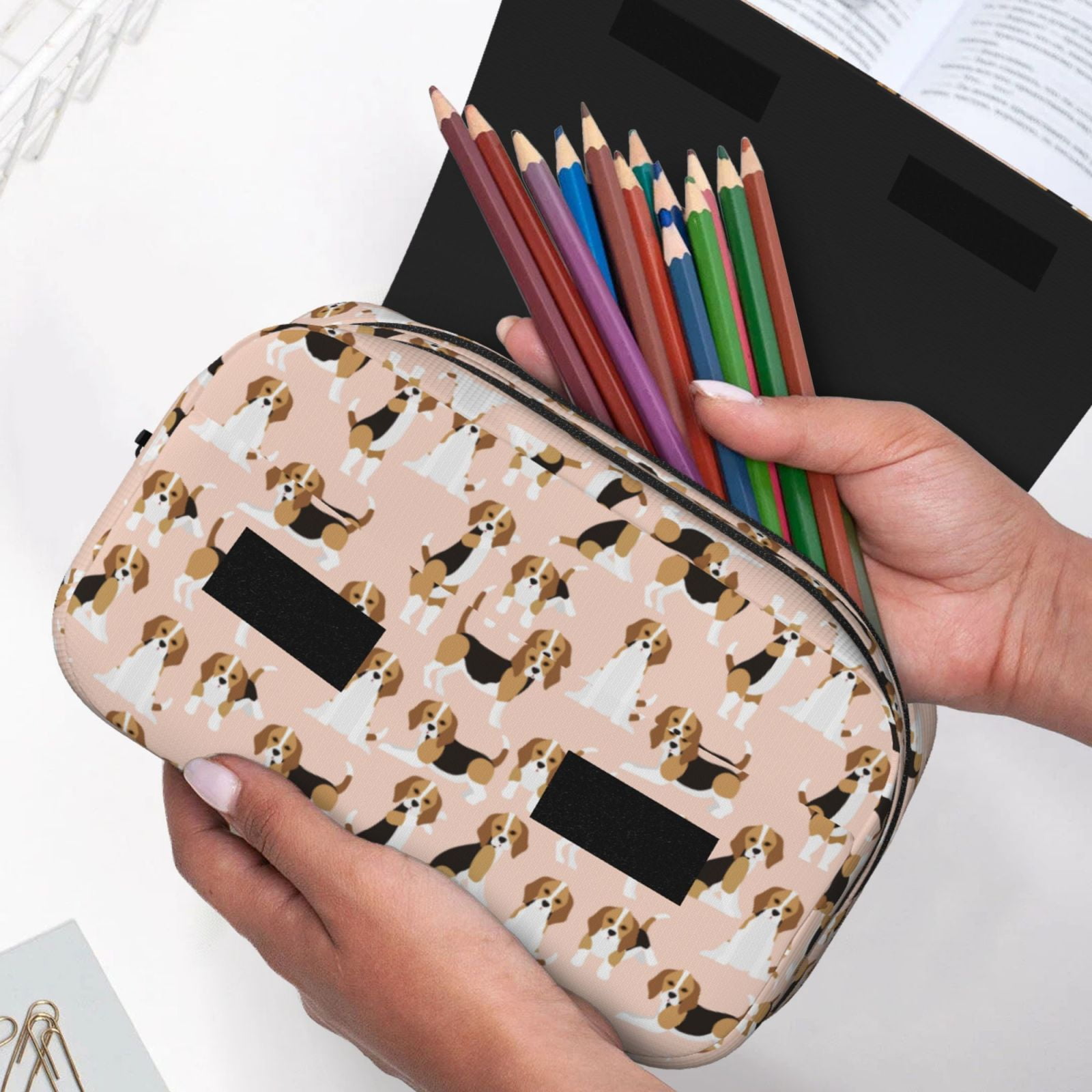 Rateoe Beagle Dog On Brown Pattern Double Clamshell Pen Case, Storage Organizer with Two Zipper Compartments– Holds Up to 50 Pencils & Pens