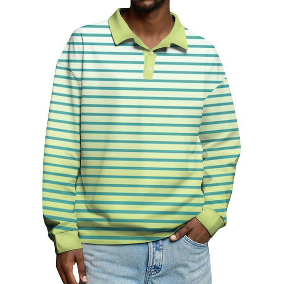 Men's Simple Casual Dyed Striped Print Button-Down Long Sleeve Polo Shirt for Unique Color Effect, Fashionable Ombre Stripes for Casual Outfits,Light Green,L