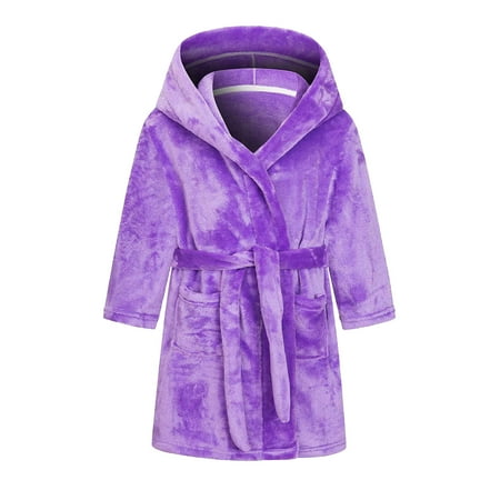 

Virmaxy Toddler Girls Boys Bathrobes Unisex Kids Flannel Fleece Hooded One-piece Solid Plush Fleece Pajamas Soft Coral Sleepwear Warm Casual Snug Fit Bathrobe with Belt Purple 7Y