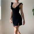 thumbnail image 3 of Douhoow Women Sleeveless Ruffled Dress Deep V Neck Tie-Up Slit Hem Slim Fit Mini Dress, 3 of 5