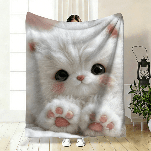 1pc Cute Big-Eyed Cat Blanket - Soft Flannel Bedspread with Rainbow Colors Kitten Face, Lightweight Warm Bedding for Bed, Sofa, Travel.