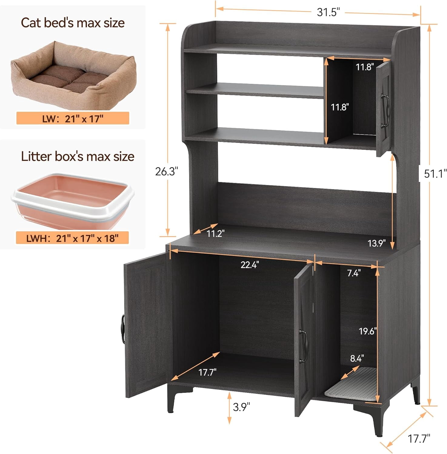 GAOMON Hidden Cat Litter Box Furniture with Storage, Enclosed Cat Litter Cabinet with Shelf, Multi-Functional Cat House for Living Room or Bedroom, Walnut