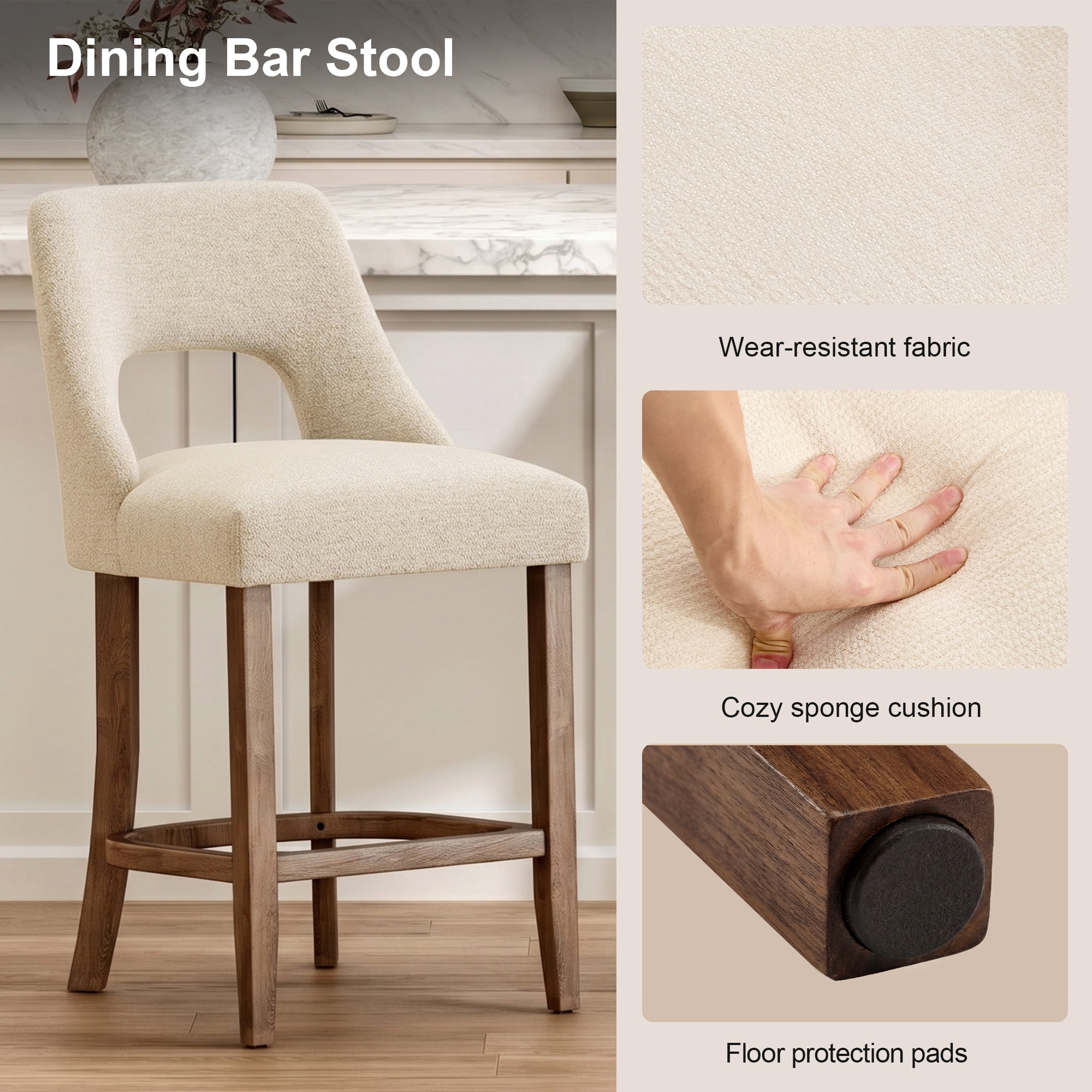 PORKISS 26" Bar Stools Set of 2, Upholstered Kitchen Island Stools with Hollow Back, Mid-Century Counter Stools with Wood Legs Footrest, Beige