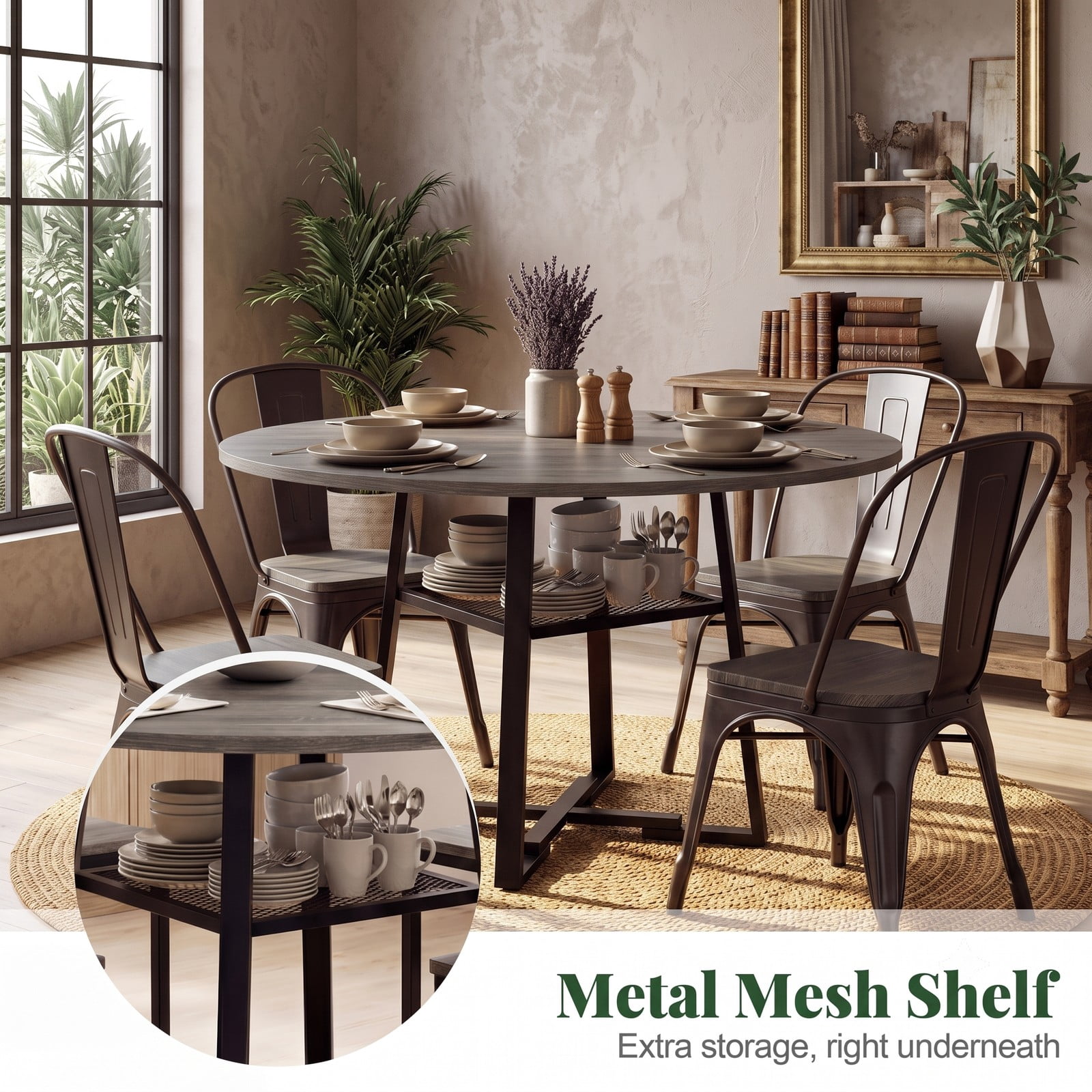 Furnibear 47.5" Round Dining Table for 4-6 with Storage Shelf, Metal Legs and MDF Tabletop, Kitchen Dinette Table with Rubber Wood Crossbars for Home Apartment, Gray