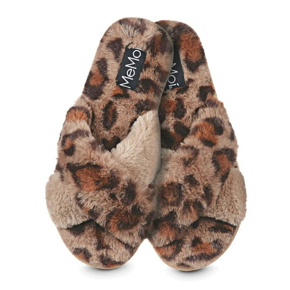MeMoi Cheetah Crossover Open Toe Plush Slippers - Womens - Female (Large, Taupe)