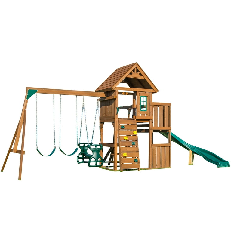 Swing N Slide Cedar Brook Wooden Backyard Play Set with Monkey Bars Swings and Curved Slide