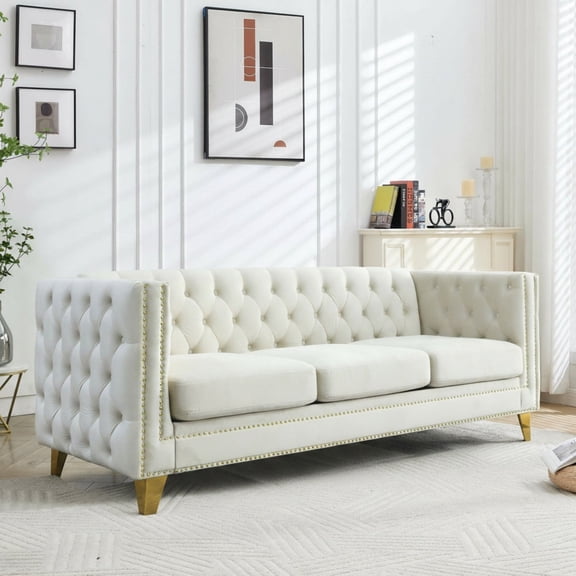 Sailvan 67" Modern Velvet Sofa, Button Tufted Chesterfield 3-Seater Couch with Nailhead Trim and Metal Legs for Living Room Beige